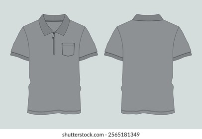 Short sleeve polo shirt Technical fashion flat sketch vector illustration Grey Color template Front and back views. Apparel Design Mock up. Easy edit and customizable
