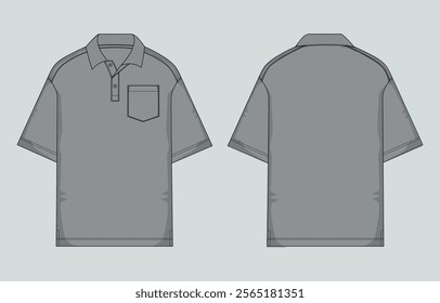 Short sleeve polo shirt Technical fashion flat sketch vector illustration Grey Color template Front and back views. Apparel Design Mock up. Easy edit and customizable
