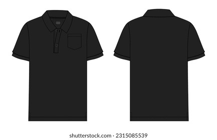 Short sleeve polo shirt vector illustration black color template front and back views isolated on white background.