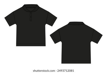 Short sleeve polo shirt vector illustration black color template for baby boys. Apparel polo t shirt mock up cad for kids