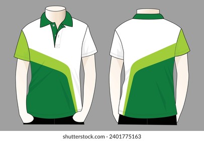  Short sleeve polo shirt with white-greend design on gray background.Front and back view, vector file