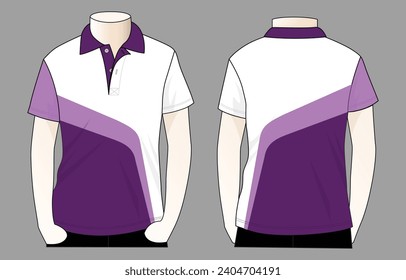 Short sleeve polo shirt with white-purple design on gray background.Front and back view, vector file