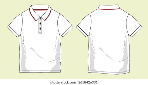 Short sleeve polo technical drawing fashion flat sketch vector illustration template front and back views outline CAD mockup