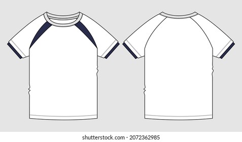 Short sleeve Raglan Basic T-shirt technical fashion flat sketch vector Illustration template front and back views. Basic apparel Design Mock up for Kids, boys Isolated on Grey background.
