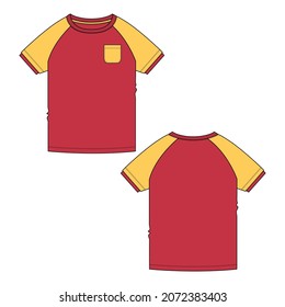 Short sleeve Raglan Basic T-shirt  With pocket technical fashion flat sketch vector Illustration template front, back views. 
Two tone red and yellow color apparel Design Mock up for Kids, boys. 
