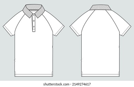 Short sleeve raglan Polo shirt Technical fashion flat sketch vector illustration template front and back views. Apparel Polo t shirt Design Mock up Cad.