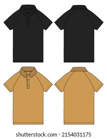 Short Sleeve Raglan Polo Shirt Flat sketch vector illustration black and Yellow Color Template Front And back views isolated on white background.