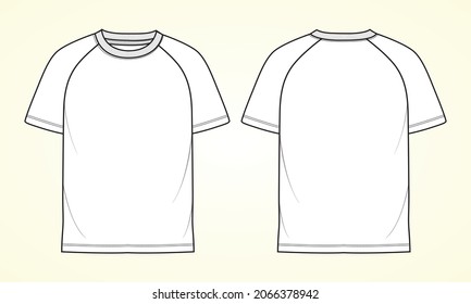 Short sleeve Raglan T shirt technical fashion flat sketch vector Illustration template front, back views isolated Off white Background. Basic apparel Design Mock up.