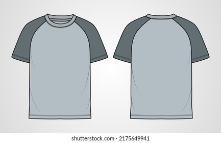 Short sleeve Raglan T shirt technical fashion flat sketch vector Illustration template front  back views isolated Off white Background  Basic apparel Design Mock up 
