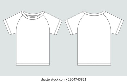 Short sleeve Raglan T shirt technical fashion flat sketch vector Illustration template front, back views isolated Off white Background. Basic apparel Design Mock up.
