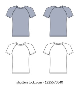 Short sleeve raglan t-shirt outlined template (front & back view), vector illustration isolated on white