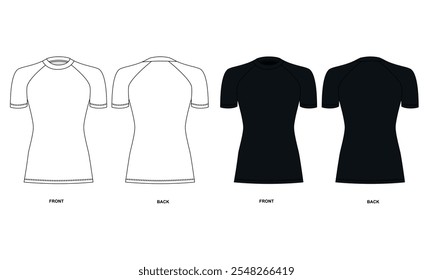 Short sleeve rashguard sketch set, front and back view, vector. Sketch of short sleeve sports jersey rashguard, black and white colors. Drawing of jersey t-shirt, vector.