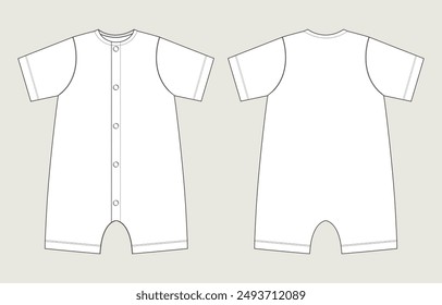 Manga corta Romper bodysuit dibujo técnico Plantilla de Ilustración vectorial de boceto plano de moda para niños