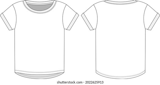 Short sleeve round neck Technical Sketch flat fashion T-shirt Template for girls 2-6 years. Apparel dress design CAD Mockup Vector Illustration Graphic design.