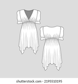 Short Sleeve Ruffles  Tunic Top Asymmetrical Hem  V Neck Waist Gathering Fashion Cad  Flat Sketch Template Drawing