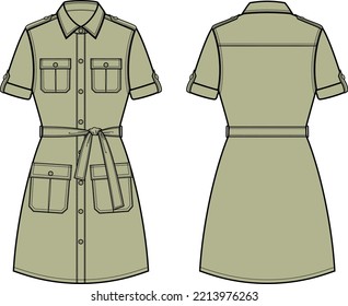 Short sleeve safari dress flat sketch. Casual gown apparel design. Front and back. Women CAD mockup. Technical drawing template. Vector illustration.