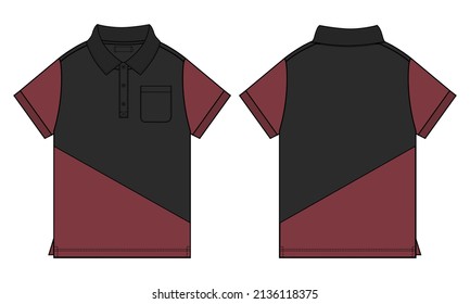 Short Sleeve Shirt With Cut and Sew Technical Fashion flat sketch Vector Illustration template For baby boys. Apparel Clothing Design Mock up Cad Front And back views.