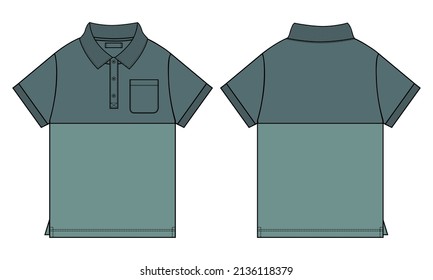Short Sleeve Shirt With Cut and Sew Technical Fashion flat sketch Vector Illustration template For baby boys. Apparel Clothing Design Mock up Cad Front And back views.