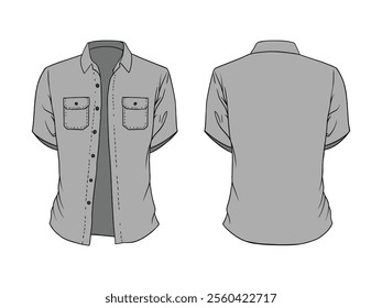 Short sleeve shirt illustration seen from the front and back, isolated white background