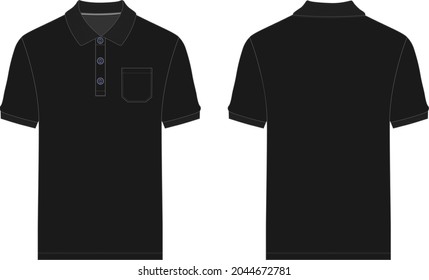 Short Sleeve Shirt With Pocket Overall Technical Fashion Flat Sketch Template Front And Back View. Apparel Design Vector Illustration Black Color Mockup Tee Cad.