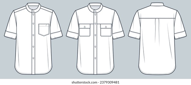 Short sleeve Shirt technical fashion Illustration. Band collar Shirt fashion flat technical drawing template, button down, relaxed fit, front and back view, white, women, men, unisex CAD mockup set.