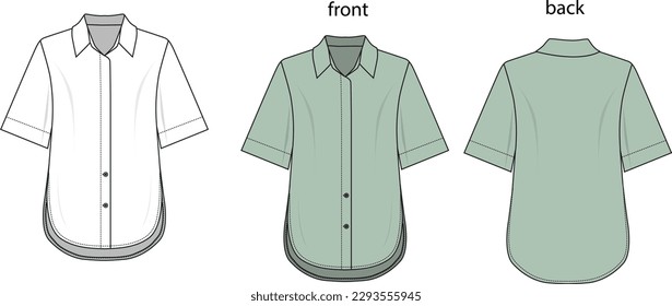short sleeve shirts of buttons,
colorized front and back drawing,
woman business outfit drawing, fashion drawing