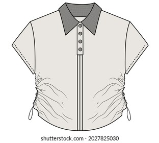 Short sleeve and  side drawstring polo shirt flat sketch. Women clothing garments design.