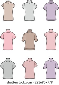 Short sleeve sweater set flat sketch. Knitted jumper apparel design. Front view. Women CAD mockup. Technical drawing template. Vector illustration.