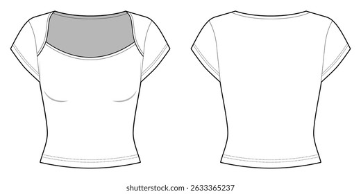 Short Sleeve Sweetheart Neckline T-shirt- Front and Back View- Flat Vector Illustration	