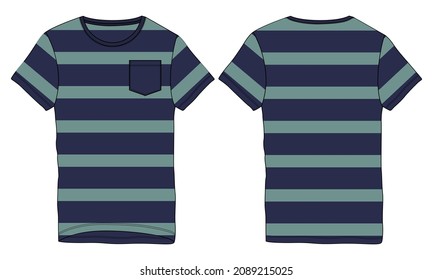 Short Sleeve T shirt With Lt Green, Navy blue color  Stripe Body and pocket. Fashion flat sketch vector illustration template front and back views. Apparel Clothing Design Mock up Cad.