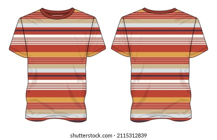 Short Sleeve T Shirt With Multicolor All Over Stripe Body Fashion Flat Sketch Vector Illustration Template Front And Back Views. Apparel Clothing Design Mock Up Cad.
