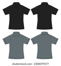 Short sleeve T shirt with stand up collar technical drawing fashion flat sketch vector illustration black and grey color  template front and back views isolated on white background