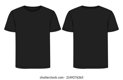 Short sleeve t shirt Technical fashion flat sketch vector illustration Black Color template front and back views for men's and boys. Flat style Apparel Design Mock up Cad.