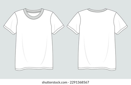  Short sleeve T shirt shirt Technical Fashion flat sketch vector illustration  template front and back views. Clothing design mock up for ladies isolated on grey  background.
