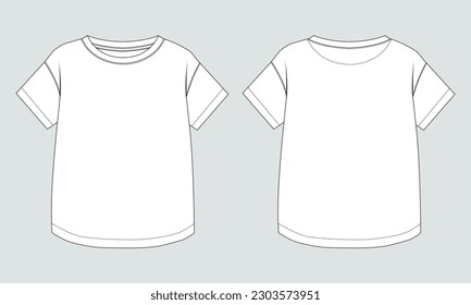 Short sleeve T shirt technical drawing fashion flat sketch vector illustration template for women's front and back views 