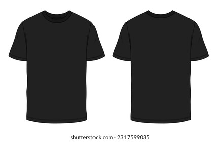 Camiseta de manga corta Técnica Moda de dibujo plano ilustración vectorial Color negro de la plantilla de las vistas frontal y posterior. El diseño de ropa se burla del hombre aislado en el fondo blanco.