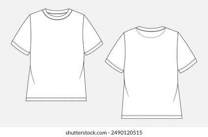 Short sleeve t shirt technical drawing fashion flat sketch vector illustration template front and back views. 