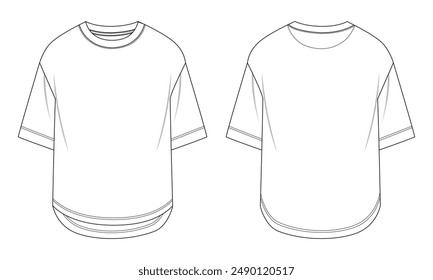 Short sleeve t shirt technical drawing fashion flat sketch vector illustration template front and back views. 