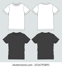  Short sleeve t shirt technical drawing fashion flat sketch vector illustration white and black color template front and back views