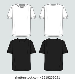  Short sleeve t shirt technical drawing fashion flat sketch vector illustration white and black color template front and back views