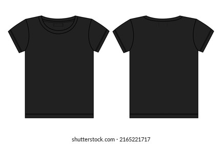 Short sleeve T shirt tops technical fashion flat sketch vector Illustration black color template for ladies and baby girls. Basic apparel Design Women's unisex Mockup CAD.
