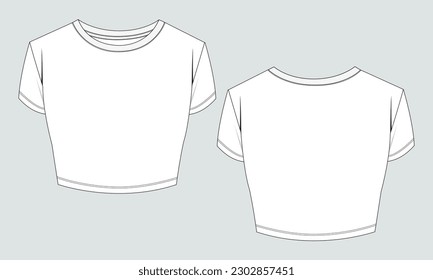 Short sleeve t shirt tops blouse technical drawing fashion flat sketch vector illustration template for ladies isolated on grey background