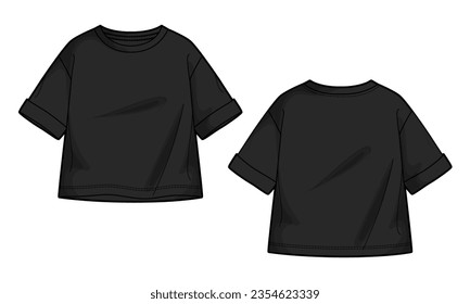 Short sleeve t shirt tops technical drawing fashion flat sketch vector illustration black Color template for ladies