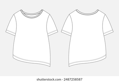 Short sleeve t shirt tops blouse for ladies technical drawing fashion flat sketch vector illustration template front and back views
