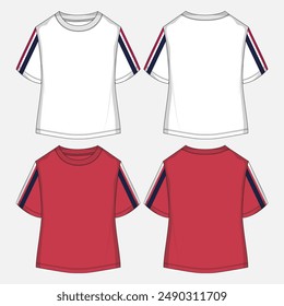 Short sleeve t shirt tops technical drawing fashion flat sketch vector illustration template white and Red color template front and back views