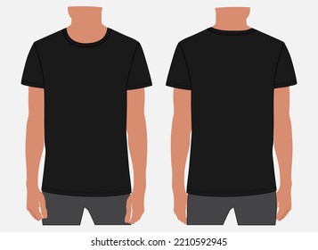 Short sleeve t shirt vector illustration black Color mock up template  For Men's and boys. Apparel Design Cad front and back views easy edit and customizable.