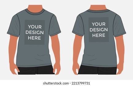 Short sleeve t shirt vector illustration Grey Color mock up template  For Men's and boys. Apparel Design Cad front and back views easy edit and customizable.