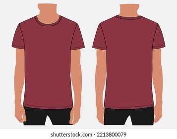 Short sleeve t shirt vector illustration Red Color mock up template  For Men's and boys. Apparel Design Cad front and back views easy edit and customizable.