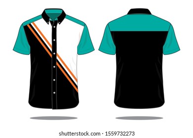 Short Sleeve Technician Shirt Turquoise-White-Black and Graphic Line Design Vector.Front and Back View.