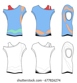 Short sleeve t-shirt outlined template with asymmetrical design (front, side & back view), vector illustration isolated on white background